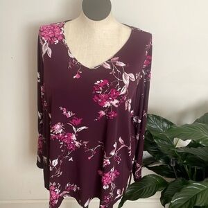 Susan Graver tunic woman Maroon Pink white floral long sleeve top plus Size 1XP